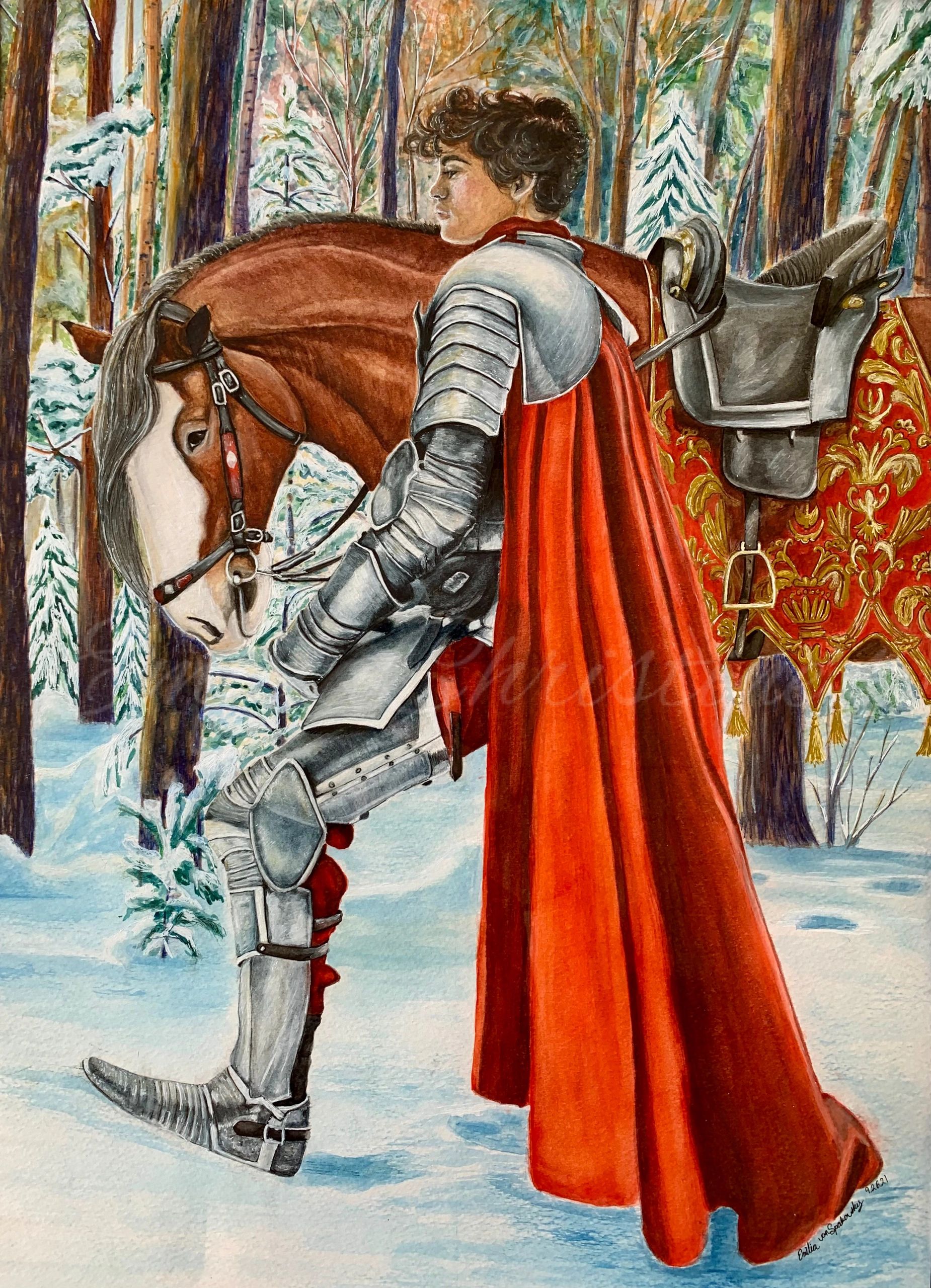 A knight with a red cloak standing in a snow covered forest with his horse beside in