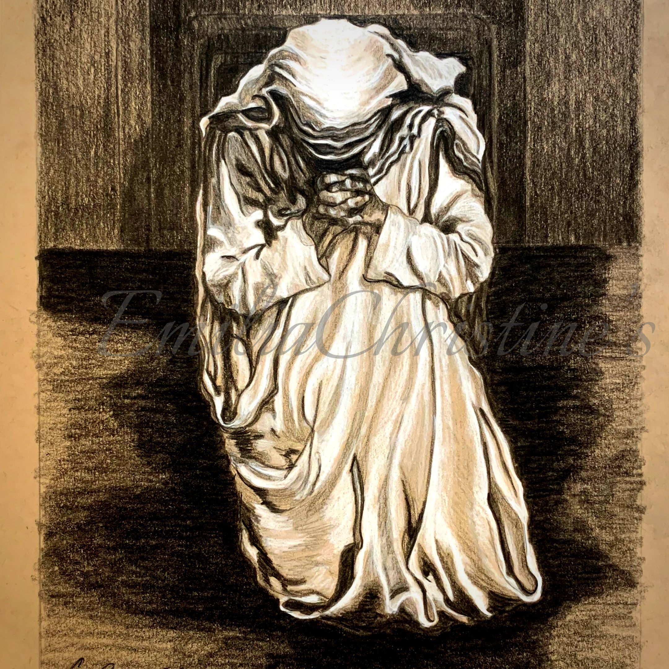 Charcoal art figures drawings tan paper