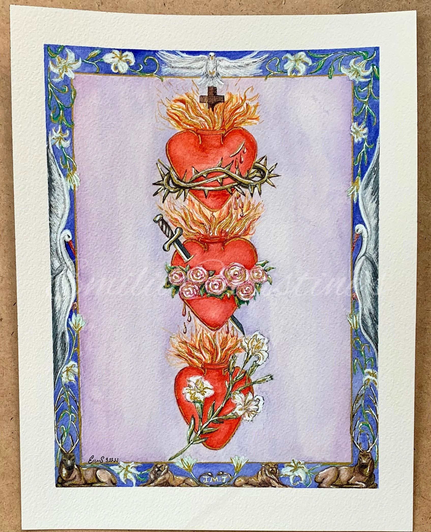 The three sacred hearts of Jesus Mary and Joseph. With illuminated script along the edges