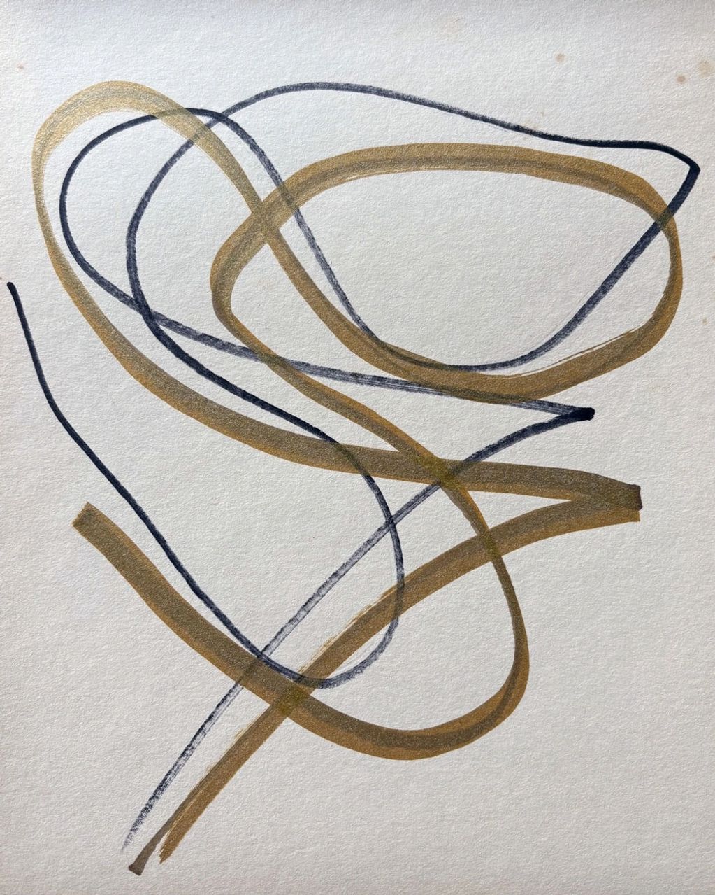 Abstract painting with looping black and brown lines on white.