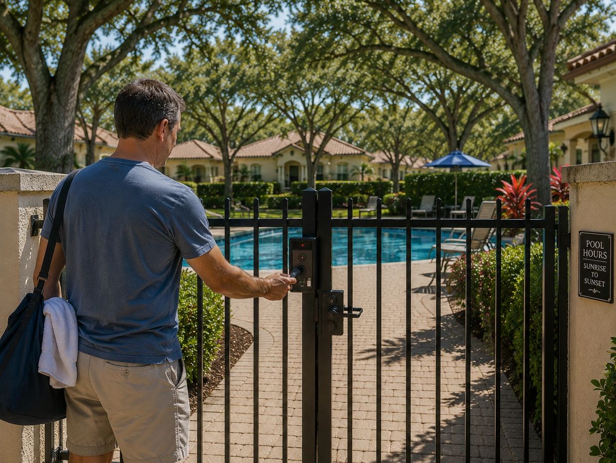 Man unlocking gate to a pool area.