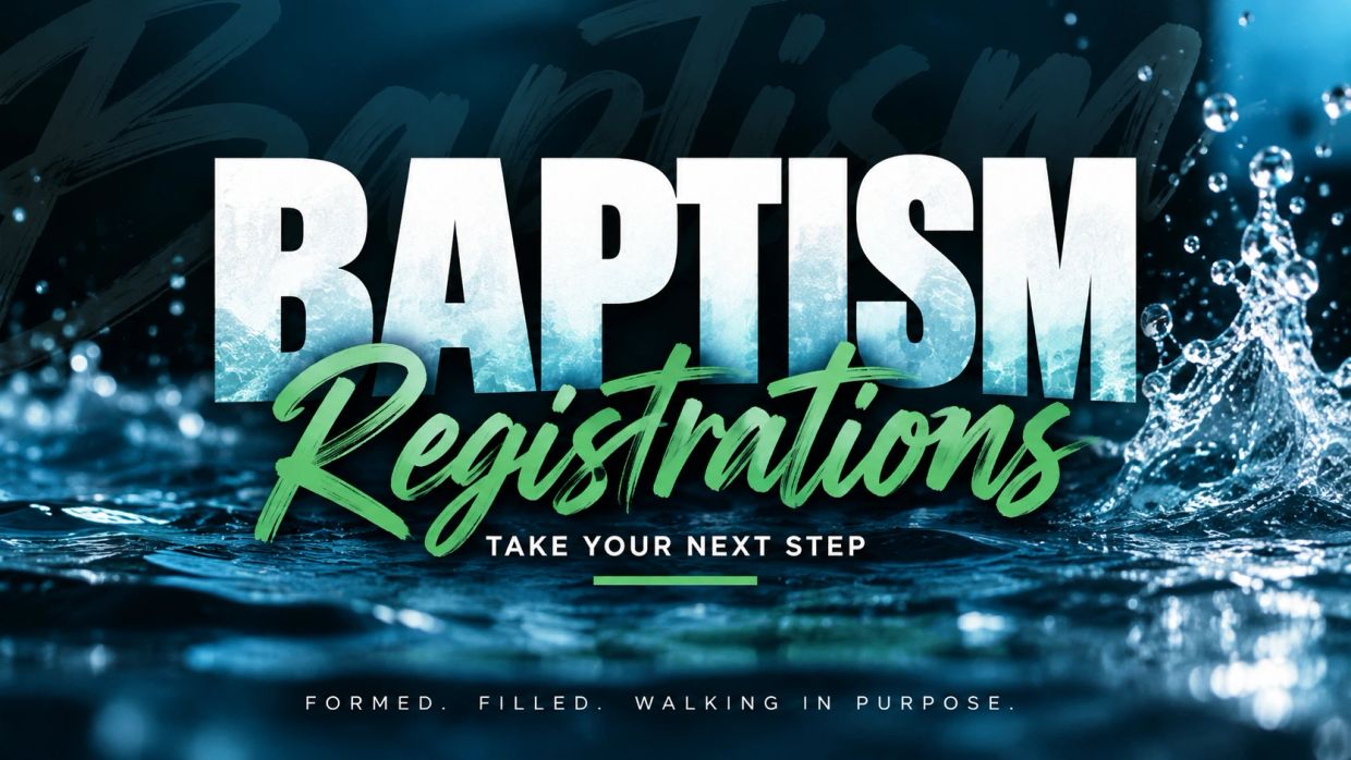Graphic promoting baptism registrations with water splash background.