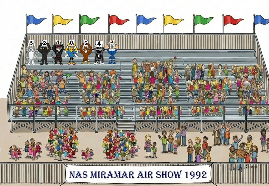 Illustration of an audience at NAS Miramar Air Show 1992 with costumed mascots and colorful flags.