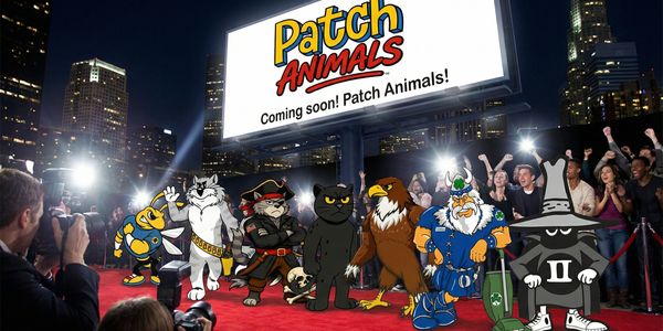 Cartoon animals posing on a red carpet under a Patch Animals billboard.