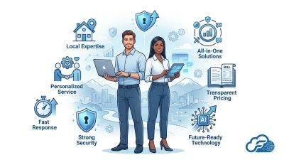 Business professionals with icons of service benefits around them.