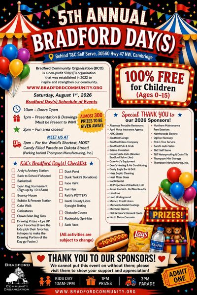 Flyer for the 5th Annual Bradford Day(s) event in Cambridge, August 1, 2026.