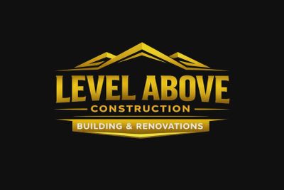 Gold logo for Level Above Construction on black background.