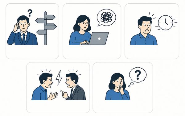 Illustrations of people showing confusion, stress, urgency, anger, and doubt in different situations.