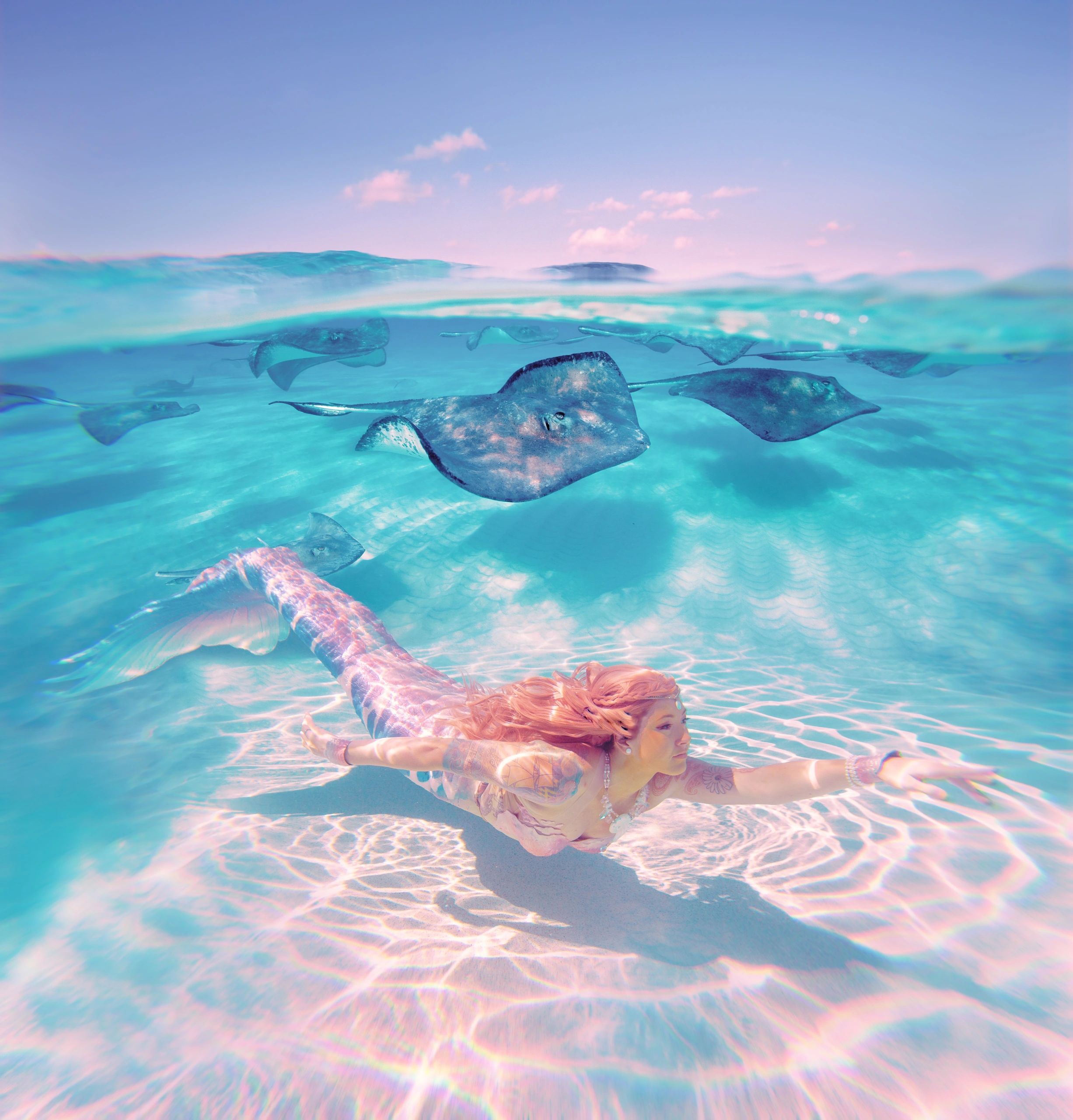 Mermaid Opal swimming with stingrays