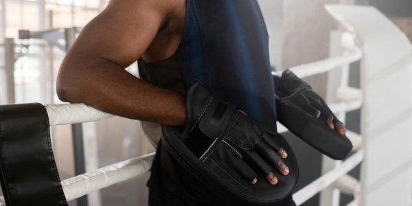 Person wearing boxing mitts holding a punching pad next to a boxing ring in a gym setting.