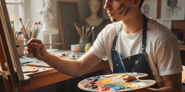 Young artist painting with a palette and brush in a studio.