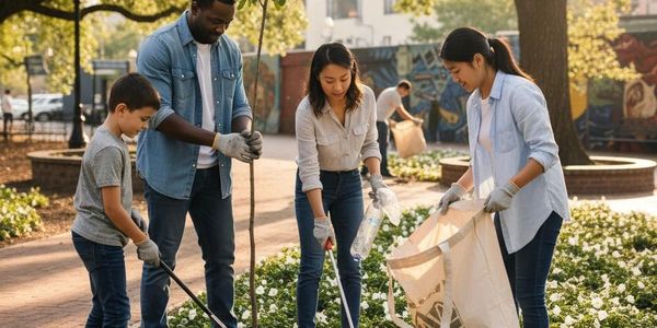 A diverse group of people cleaning a park together on a sunny day.