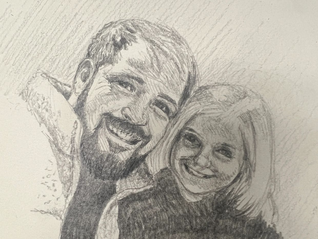 Pencil sketch of a smiling man and woman.