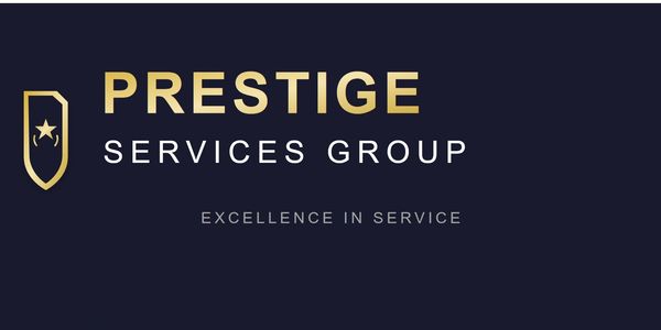 Prestige Services Group logo with gold and white text on dark background.