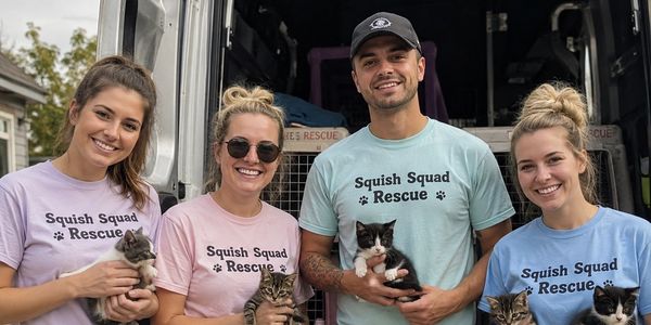Group holding kittens for Squish Squad Rescue.