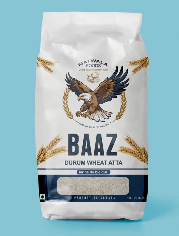 Baaz Durum Wheat Atta flour bag with eagle logo and wheat graphics.