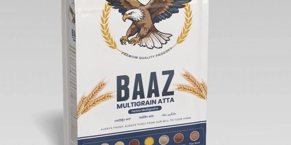 BAAZ Multigrain Atta packaging with an eagle and grains illustration.