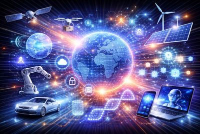 Digital globe surrounded by futuristic technology icons and devices.