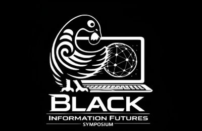 Logo for Black Information Futures Symposium featuring a stylized bird and laptop.