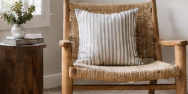 Cozy wooden chair with striped cushion.