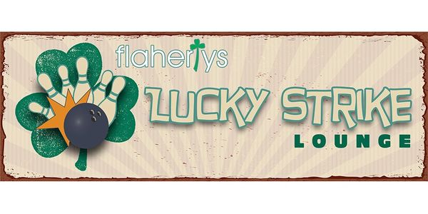 Lucky Strike Lounge graphic with bowling ball hitting pins over a shamrock.