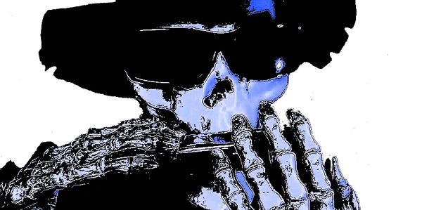 Stylized skeleton wearing a hat and sunglasses, smoking a cigarette.
