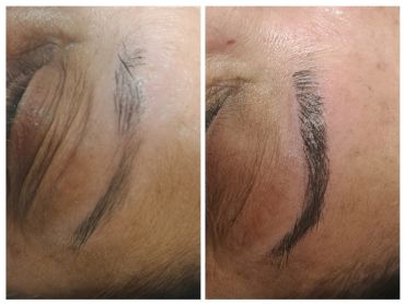 Close-up before and after eyebrow microblading procedure.