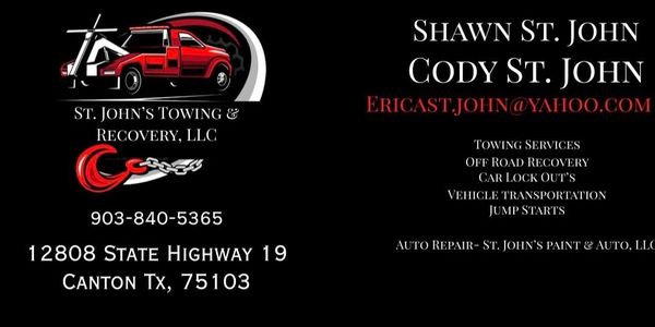 Business card for St. John's Towing & Recovery with contact details and services.