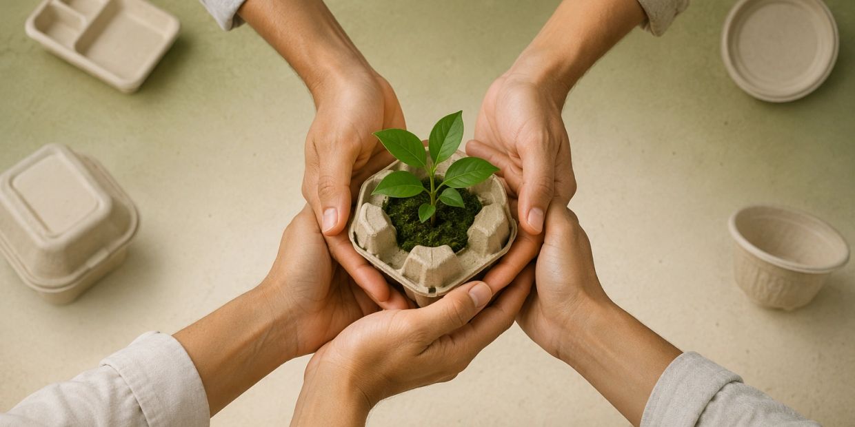 Hands holding a small plant in eco-friendly packaging.