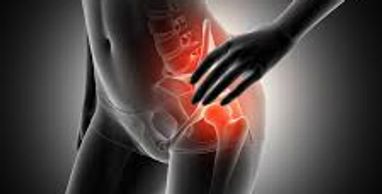 X-ray style image highlighting hip pain in a human body.