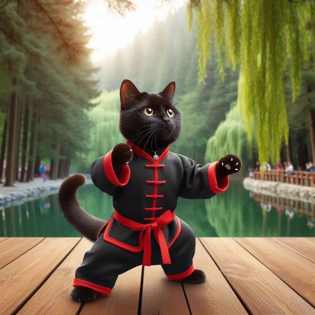 Black cat in a martial arts outfit practicing on a wooden deck by a serene lake.