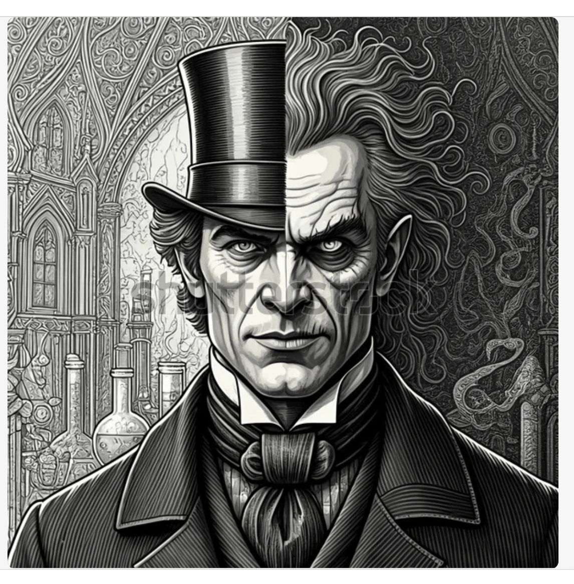 Split image showing a Victorian gentleman and a sinister, wild-haired version.