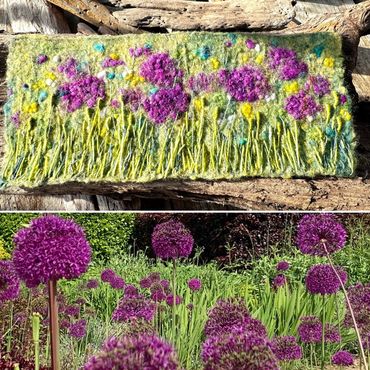 Lynn Comley alliums textile art made by wet felting wool with hand embroidery 