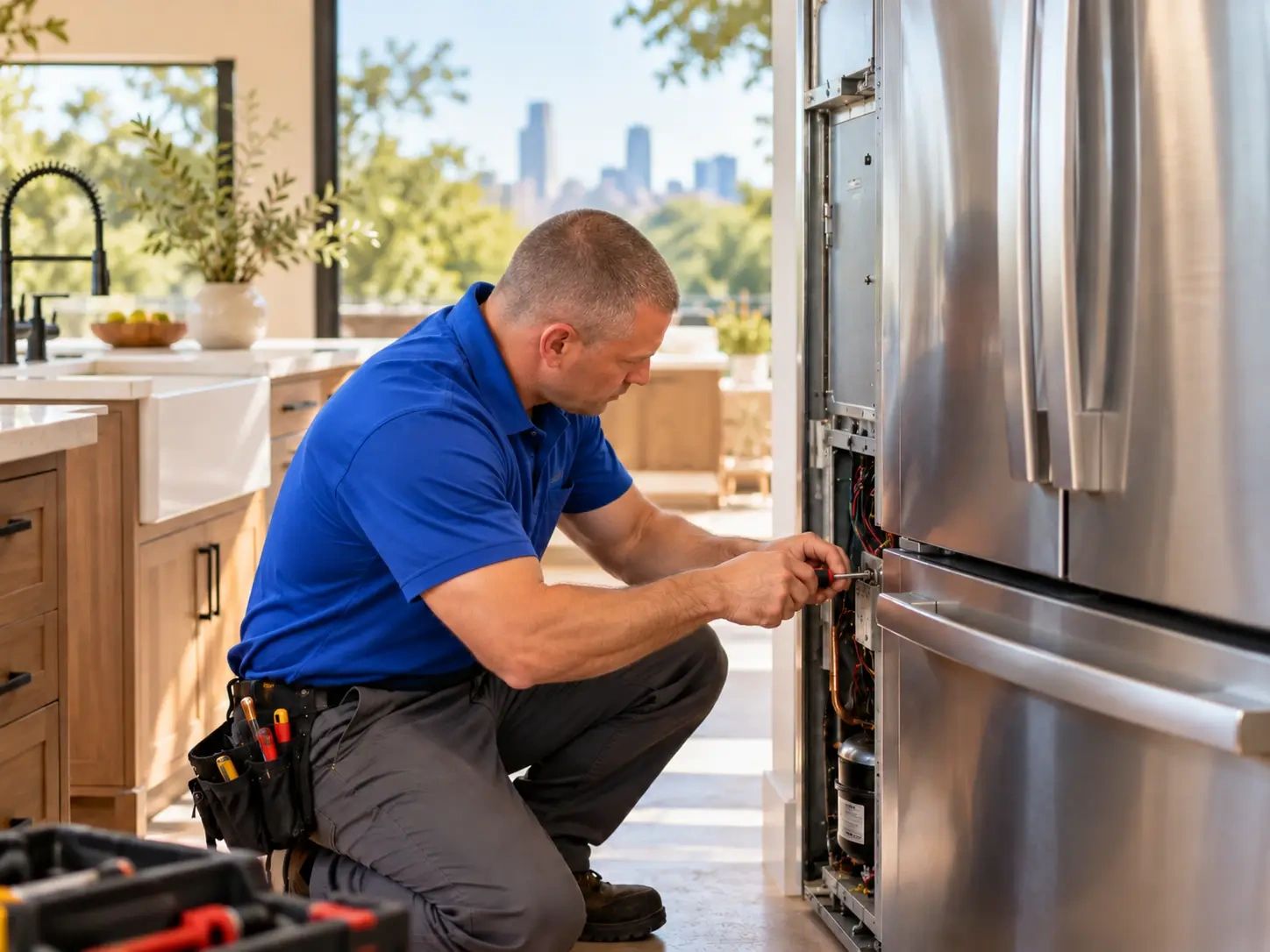 Appliance repair technician servicing a refrigerator in an Austin home