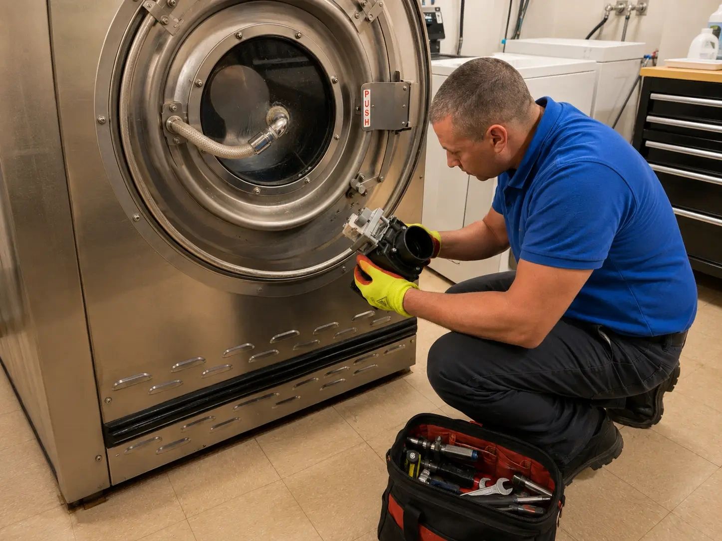 Technician repairing a commercial washer drain pump in Austin, TX