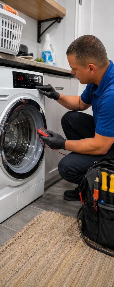 Technician diagnosing a front-load washing machine error code in a laundry room