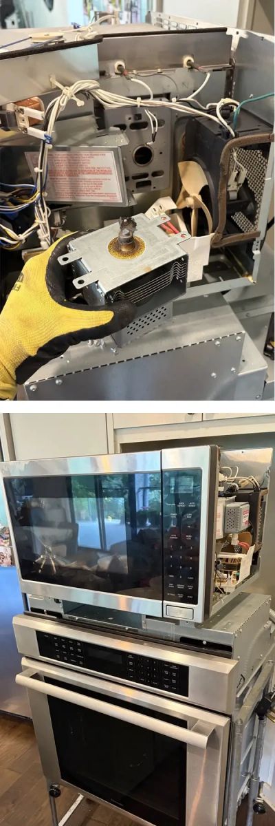 Thermador built-in microwave with burned-out magnetron during repair in Austin TX