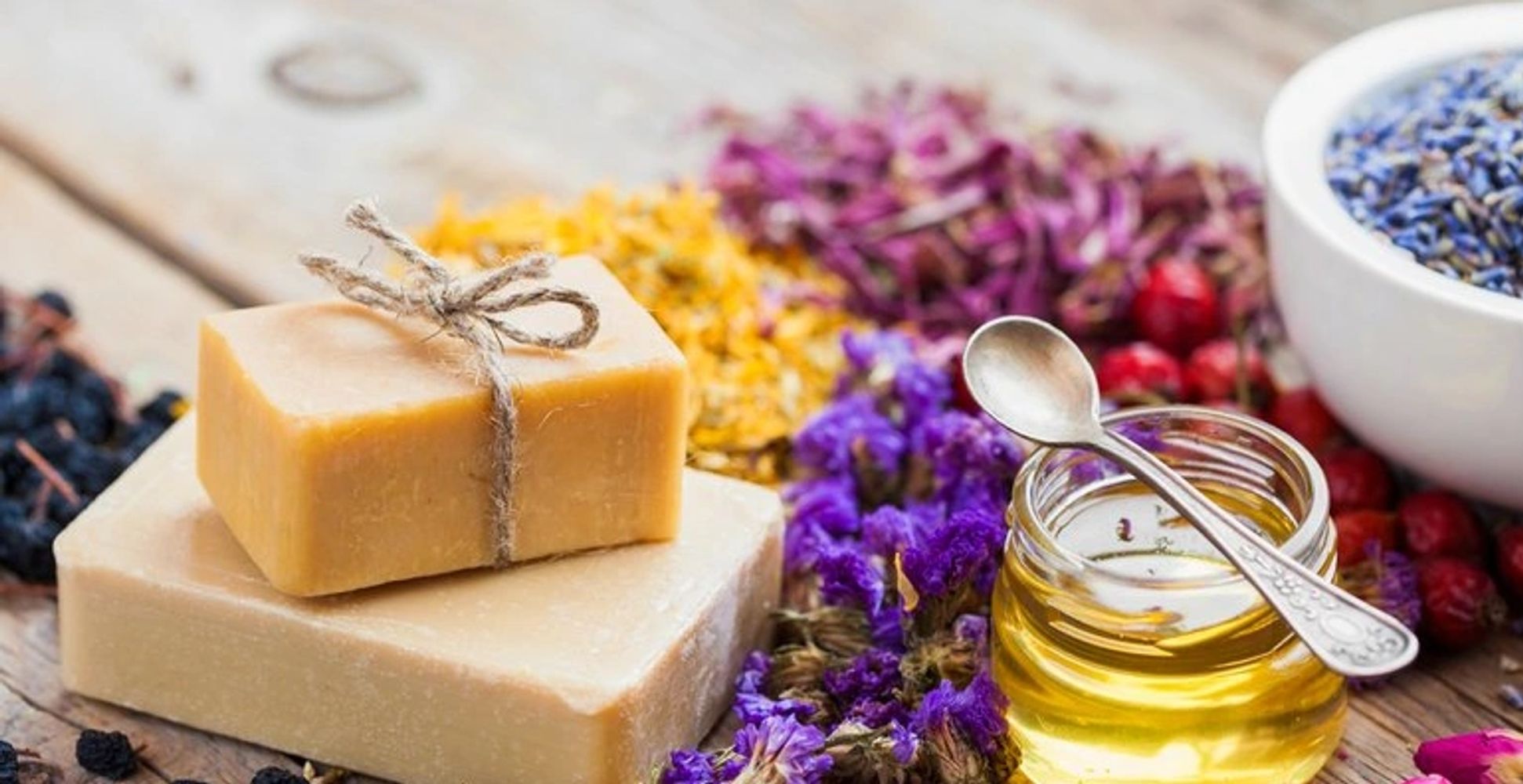 Bar soap on table with ingredients