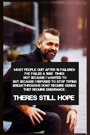 Man with a beard smiling, accompanied by an inspirational quote about perseverance and hope.