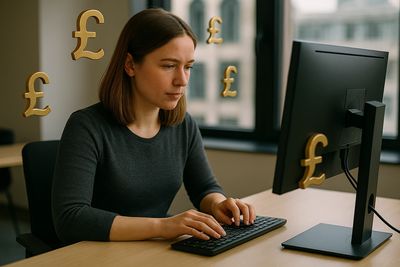 Person sitting at a console with concern on her face. There a GBP symbols floating in the air. Gener