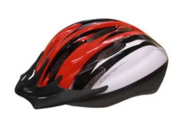 A red, black, and white bicycle helmet with aerodynamic design.