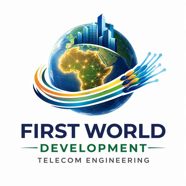 Logo for First World Development Telecom Engineering with globe and buildings.