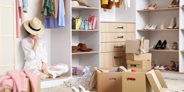 Woman sitting in a closet surrounded by packed boxes and clothes.