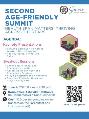 Flyer for Second Age-Friendly Summit on June 4, 2026, in Asheville, NC.