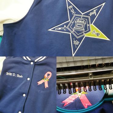 Embroidery designs on a jacket, order of eastern star, embroidery cancer ribbon, embroidery names, 