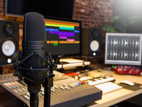 condenser microphone in digital sound editing & recording studio