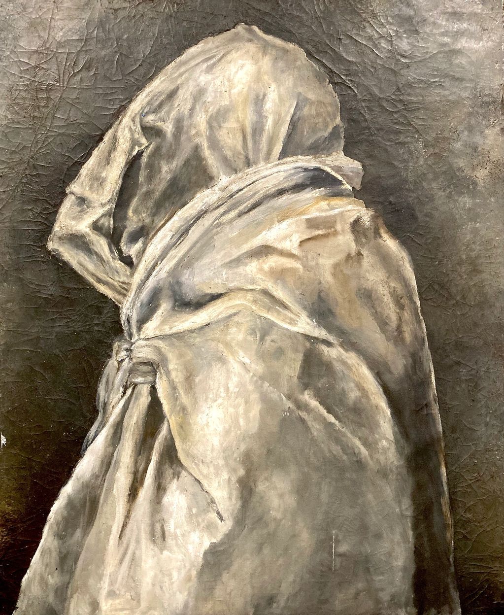 oil on canvas, 35"x43", 1985.
earth tones depicting a wrapped figure in profile view.
