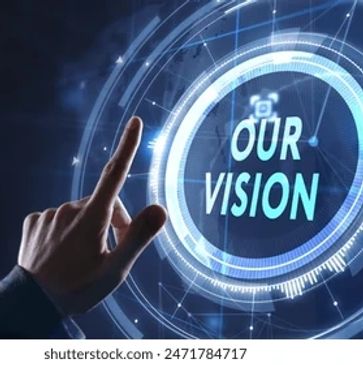 Hand interacting with futuristic digital display showing 'Our Vision'.