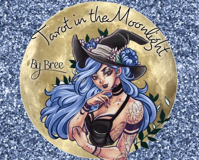 Blue glitter background. Witch with blue hair in a thinking pose. "Tarot in the moonlight by Bree"