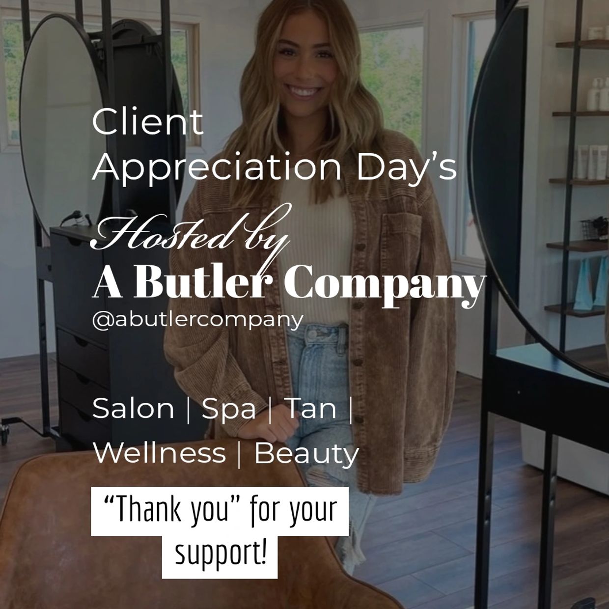 Scottsdale salon owner in her studio smiling and has a blonde balayage highlights hair extensions. 